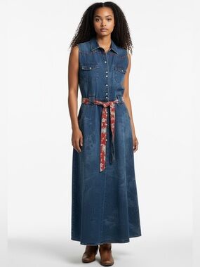Denim Maxi Dress Western Full Skirt Belted Pockets Sleeveless L